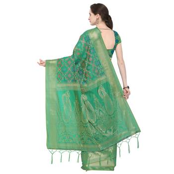 Green woven banarasi silk blend saree with blouse 3