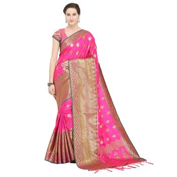 Pink woven banarasi silk blend saree with blouse 1