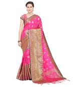 Pink woven banarasi silk blend saree with blouse