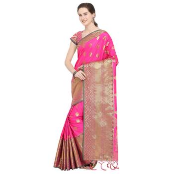 Pink woven banarasi silk blend saree with blouse 2