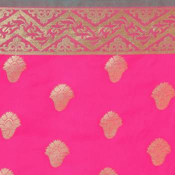Pink woven banarasi silk blend saree with blouse 4