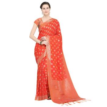 Red woven cotton silk saree with blouse 1