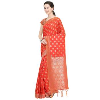 Red woven cotton silk saree with blouse 2