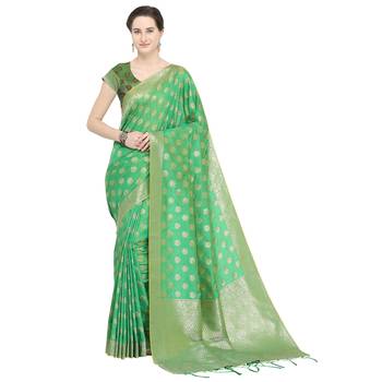 Green woven cotton silk saree with blouse 1