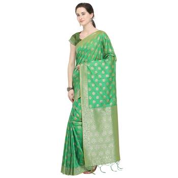 Green woven cotton silk saree with blouse 2