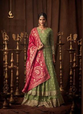 Parrot-green embroidered georgette salwar 1