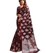 Maroon Color Banarasi Silk blend  Silver Zari work Saree With Blouse Peice 