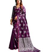 Magenta Color Banarasi Silk blend  Silver Zari work Saree With Blouse Peice 