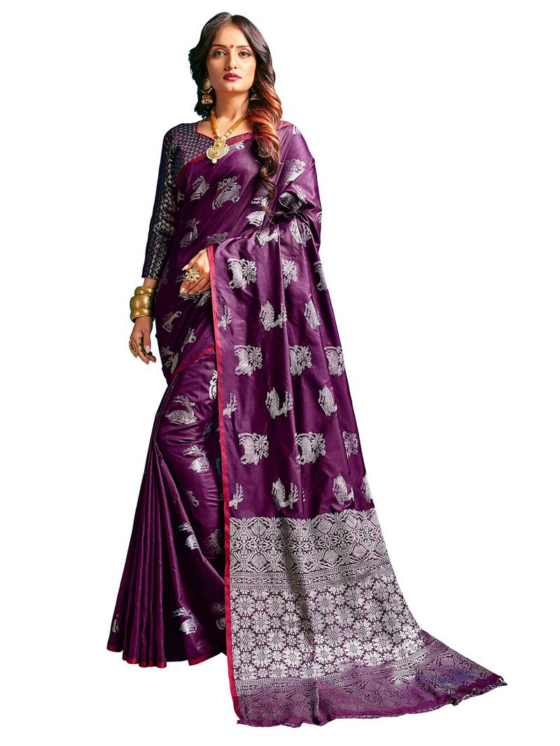 Magenta Color Banarasi Silk blend  Silver Zari work Saree With Blouse Peice 