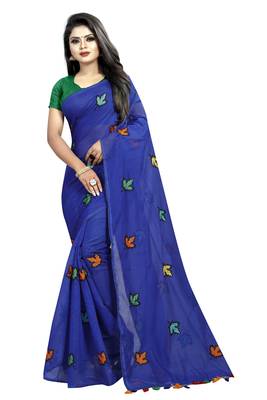 Blue embroidered chanderi saree with blouse 1