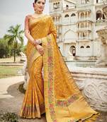 Yellow embroidered silk blend saree with blouse