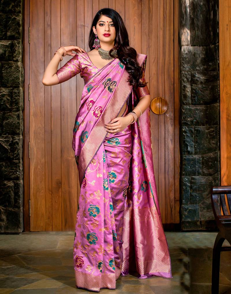 Magenta Printed Silk Blend Saree With Unstitched Blouse Piece main image 1