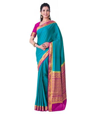 Turquoise woven Crepe saree with blouse 1