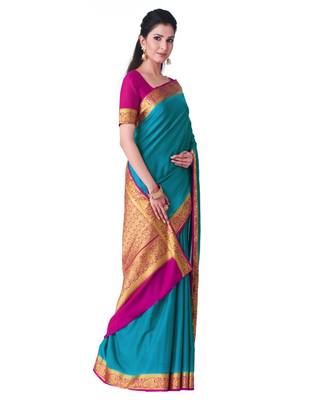 Turquoise woven Crepe saree with blouse 2