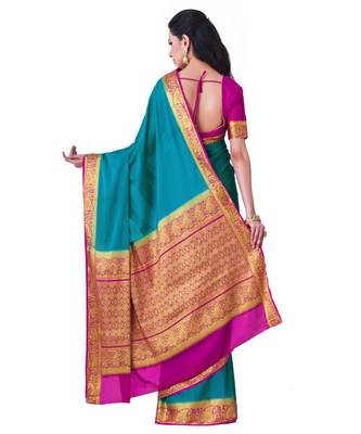 Turquoise woven Crepe saree with blouse 3
