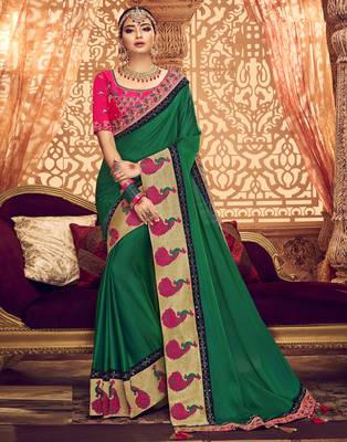 Green embroidered silk blend saree with blouse 1