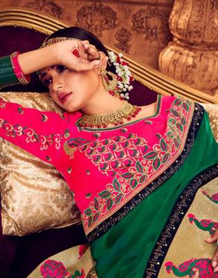 Green embroidered silk blend saree with blouse 2