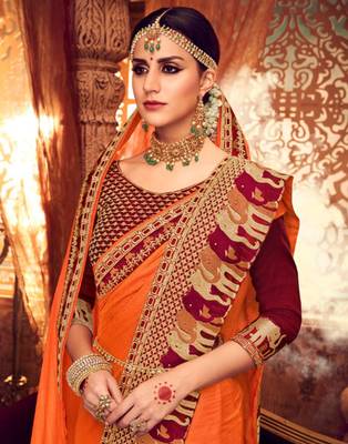 Orange embroidered silk blend saree with blouse 2