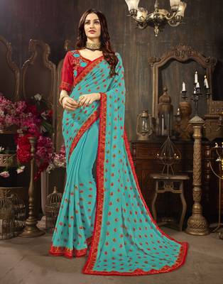 Blue embroidered georgette saree with blouse 1