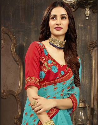 Blue embroidered georgette saree with blouse 2