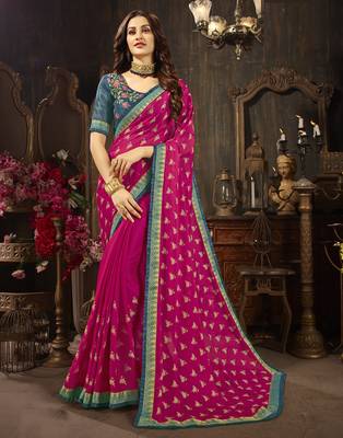 Pink embroidered georgette saree with blouse 1