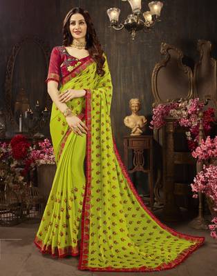 Green embroidered georgette saree with blouse 1