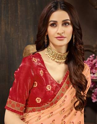 Peach embroidered georgette saree with blouse 2