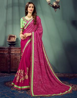Pink embroidered pure chiffon saree with blouse 1