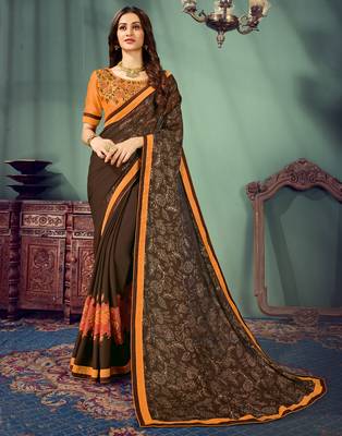 Brown embroidered pure chiffon saree with blouse 1