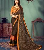 Brown embroidered pure chiffon saree with blouse