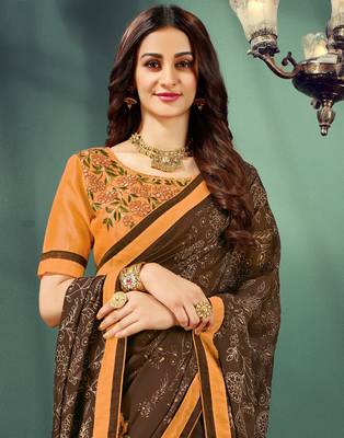 Brown embroidered pure chiffon saree with blouse 3