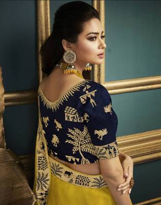 Yellow embroidered silk blend saree with blouse 2