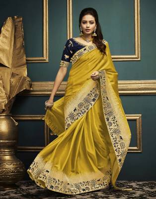 Yellow embroidered silk blend saree with blouse 3