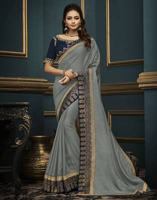 Grey embroidered silk blend saree with blouse 1