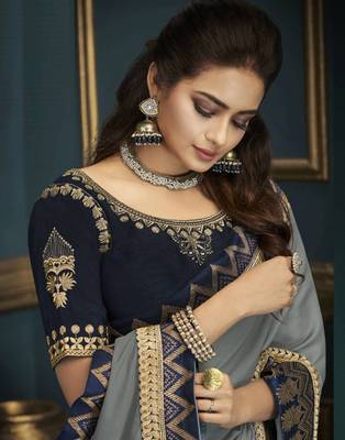 Grey embroidered silk blend saree with blouse 2