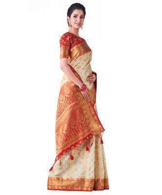 Beige Woven Art Silk Saree With Blouse 2