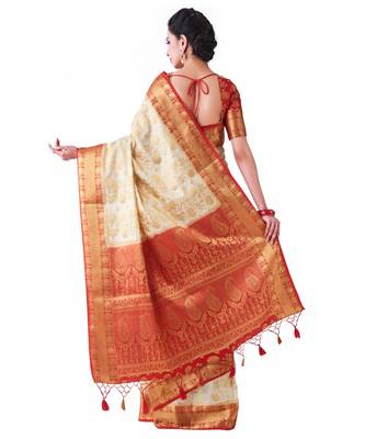 Beige Woven Art Silk Saree With Blouse 3