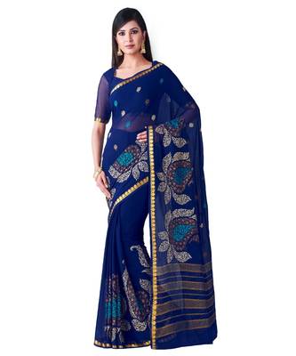 Blue Embroidered Chiffon Saree With Blouse 1