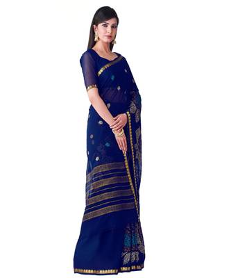 Blue Embroidered Chiffon Saree With Blouse 2