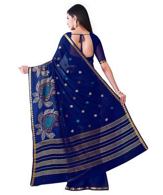 Blue Embroidered Chiffon Saree With Blouse 3