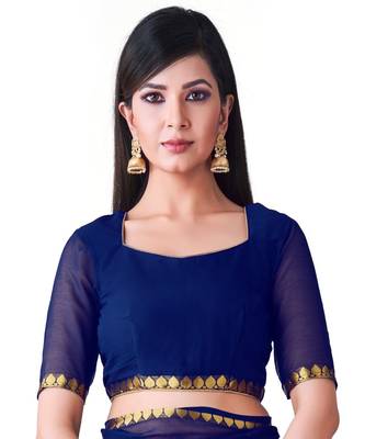 Blue Embroidered Chiffon Saree With Blouse 4