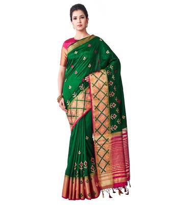 Green Embroidered Tussar Silk Saree With Blouse 1