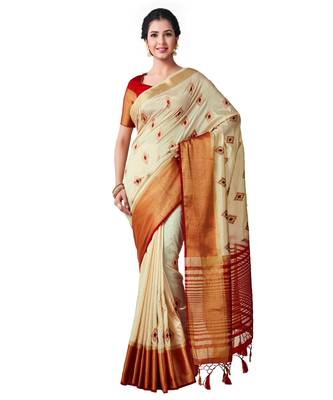 Beige Embroidered Tussar Silk Saree With Blouse 1