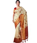 Beige Embroidered Tussar Silk Saree With Blouse
