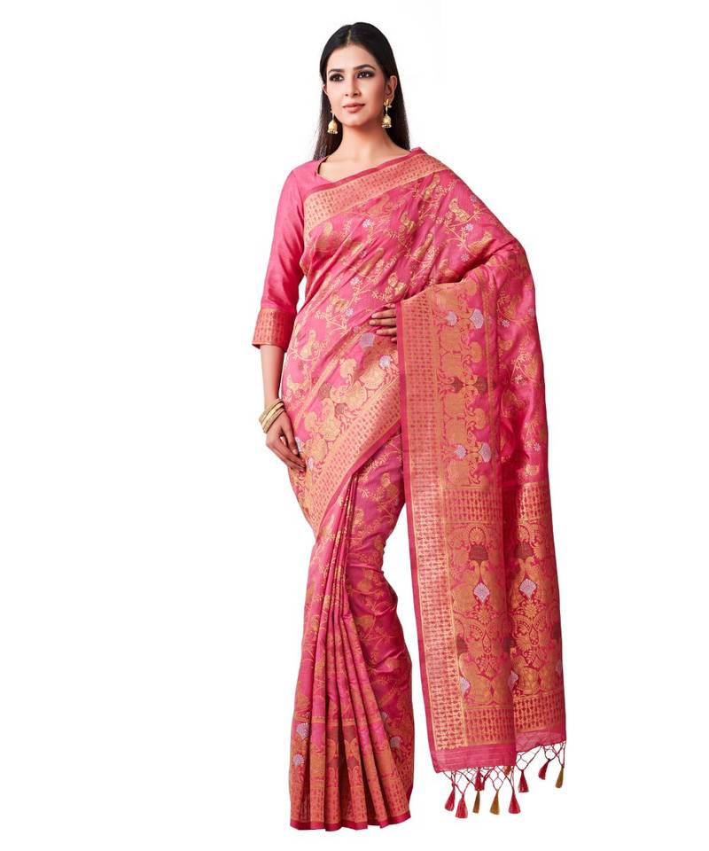 Pink Woven Art Silk Saree With Blouse - MIMOSA - 2949680
