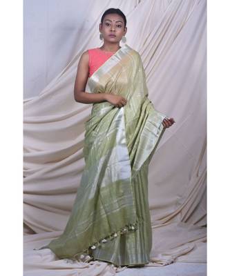 Leafy Green Saree In Khadi Linen 1