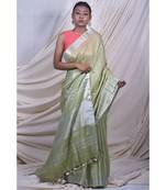 Leafy Green Saree In Khadi Linen
