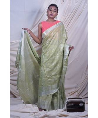 Leafy Green Saree In Khadi Linen 2