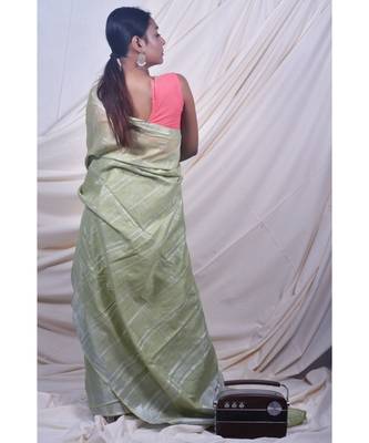 Leafy Green Saree In Khadi Linen 3