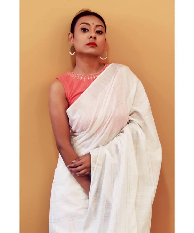 Silver Saree In Khadi Linen